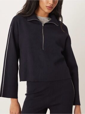 Mango Zip-Neck Contrast-Stripe Sweater Navy with White Piping Medium NWOT !